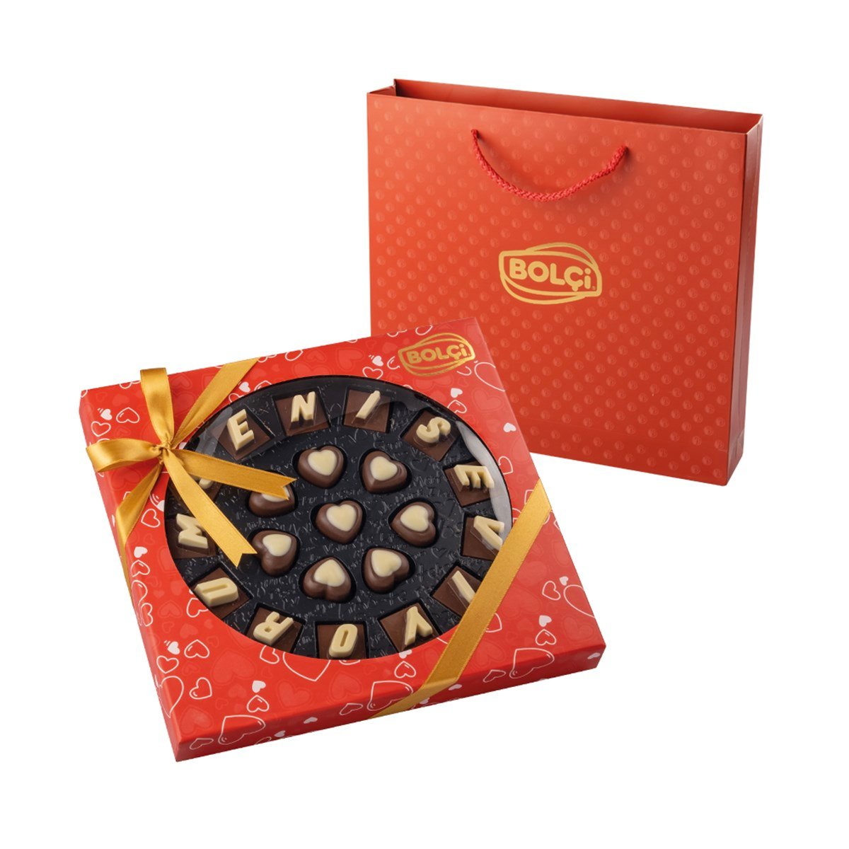 Tatlı Mesajlar-KALP ÇİKOLATALI HARF KUTU 180 GR KALP DESENLİ