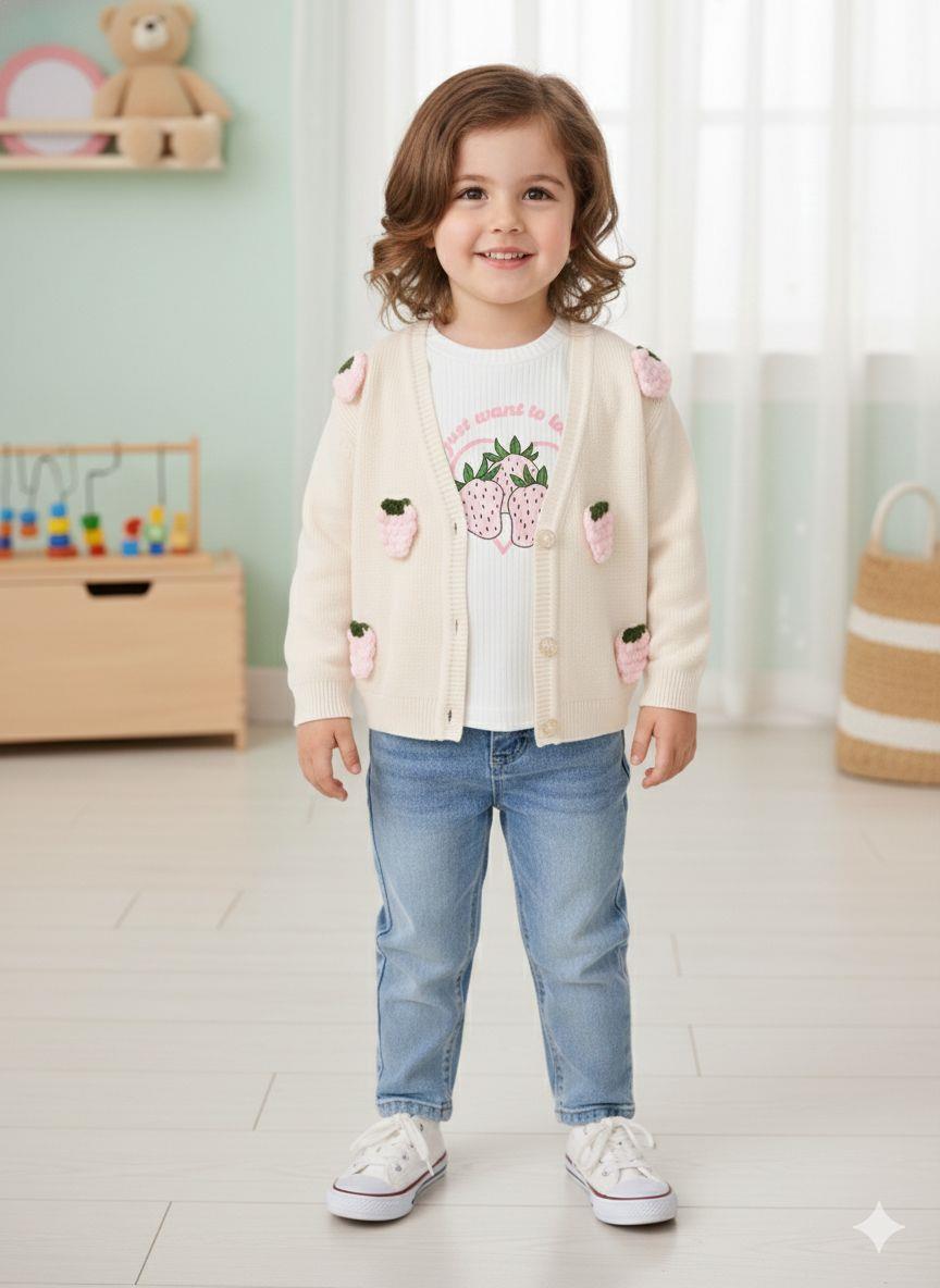 Çilek Detaylı Badi Kot Pantolon Kız Çocuk 3 lü Takım