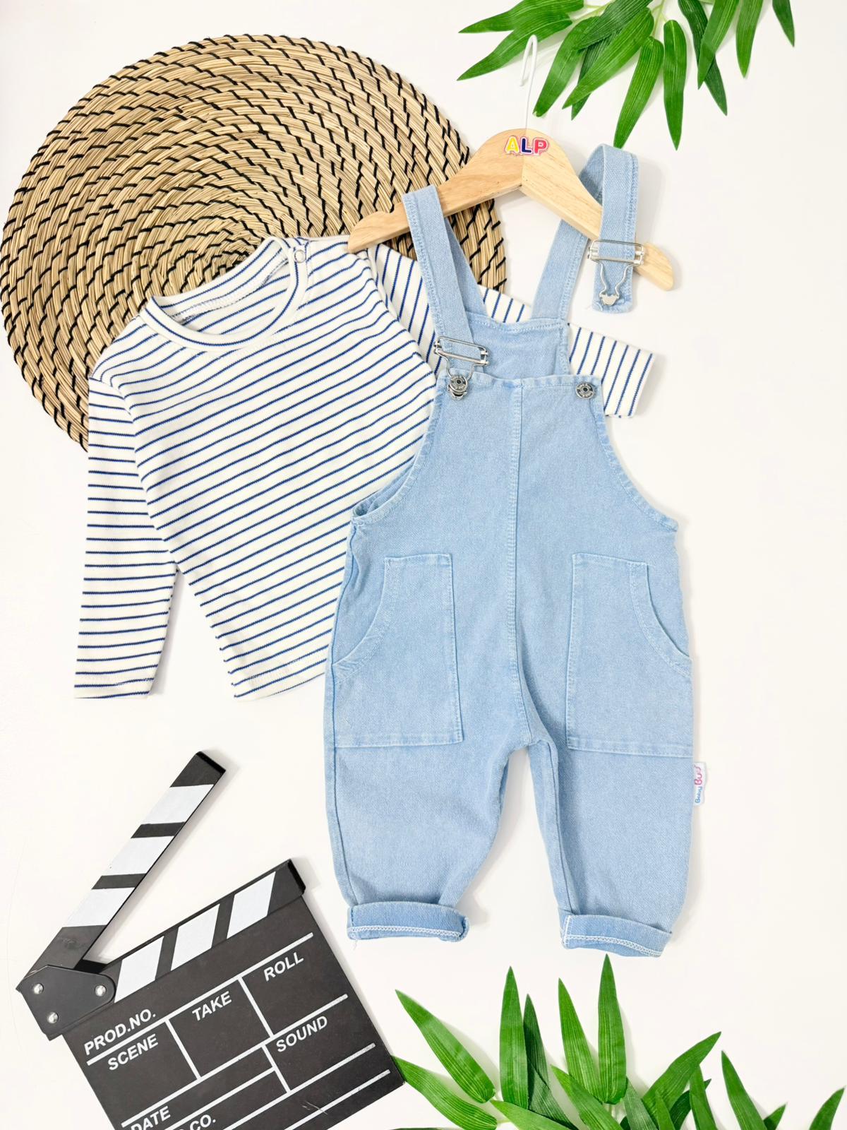 Çizgili badili omuzdan çıtçıtlı cepli mevsimlik kot 2 parça salopet set