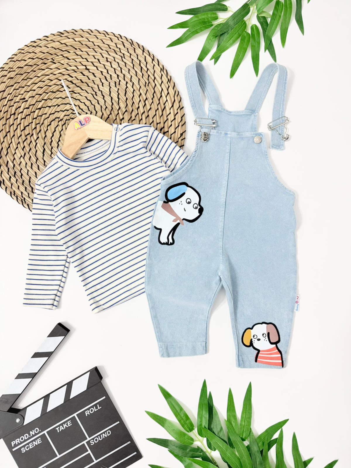 Dog Çizgili badili omuzdan çıtçıtlı cepli mevsimlik kot 2 parça salopet set