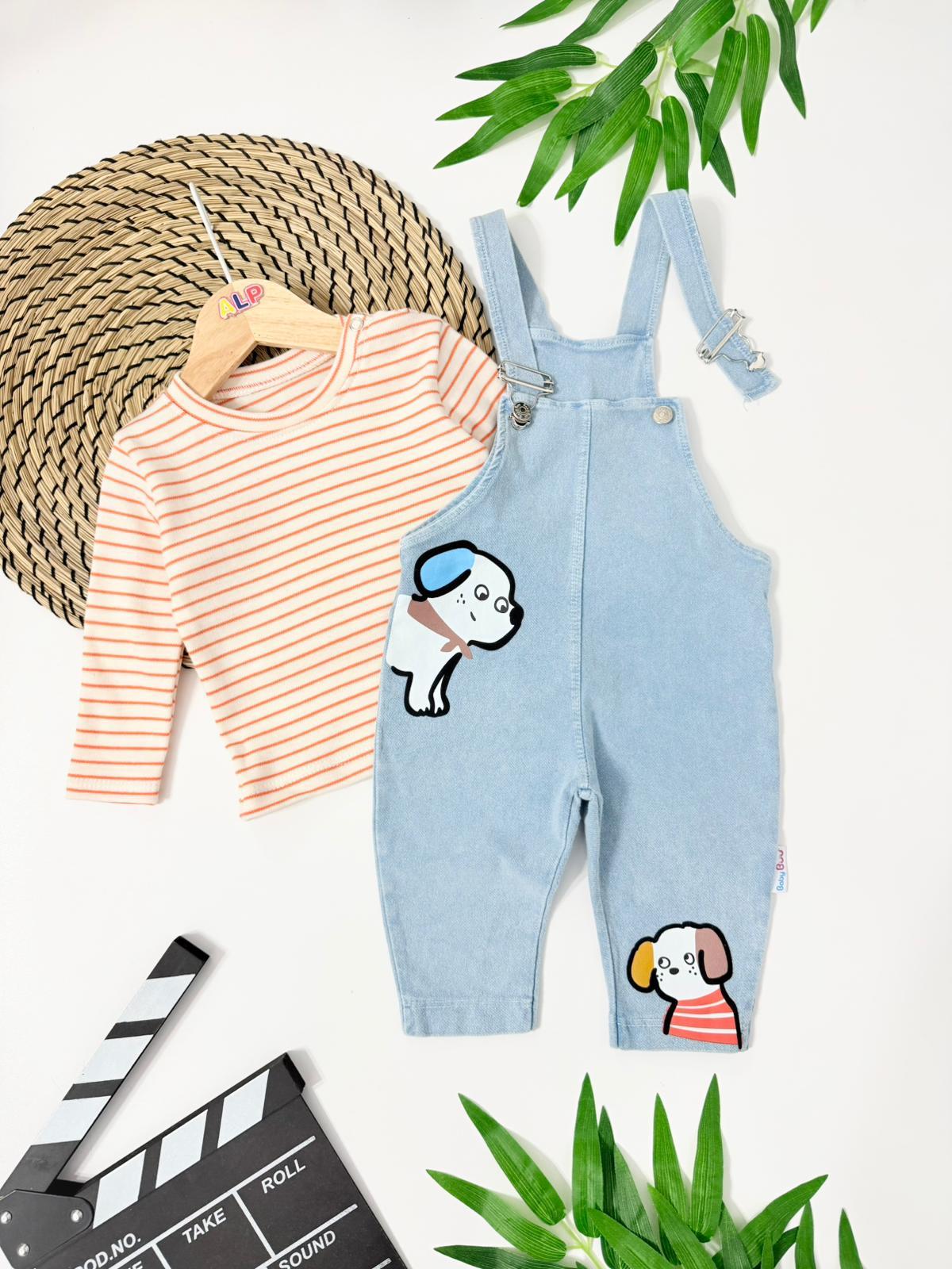 Dog Çizgili badili omuzdan çıtçıtlı cepli mevsimlik kot 2 parça salopet set