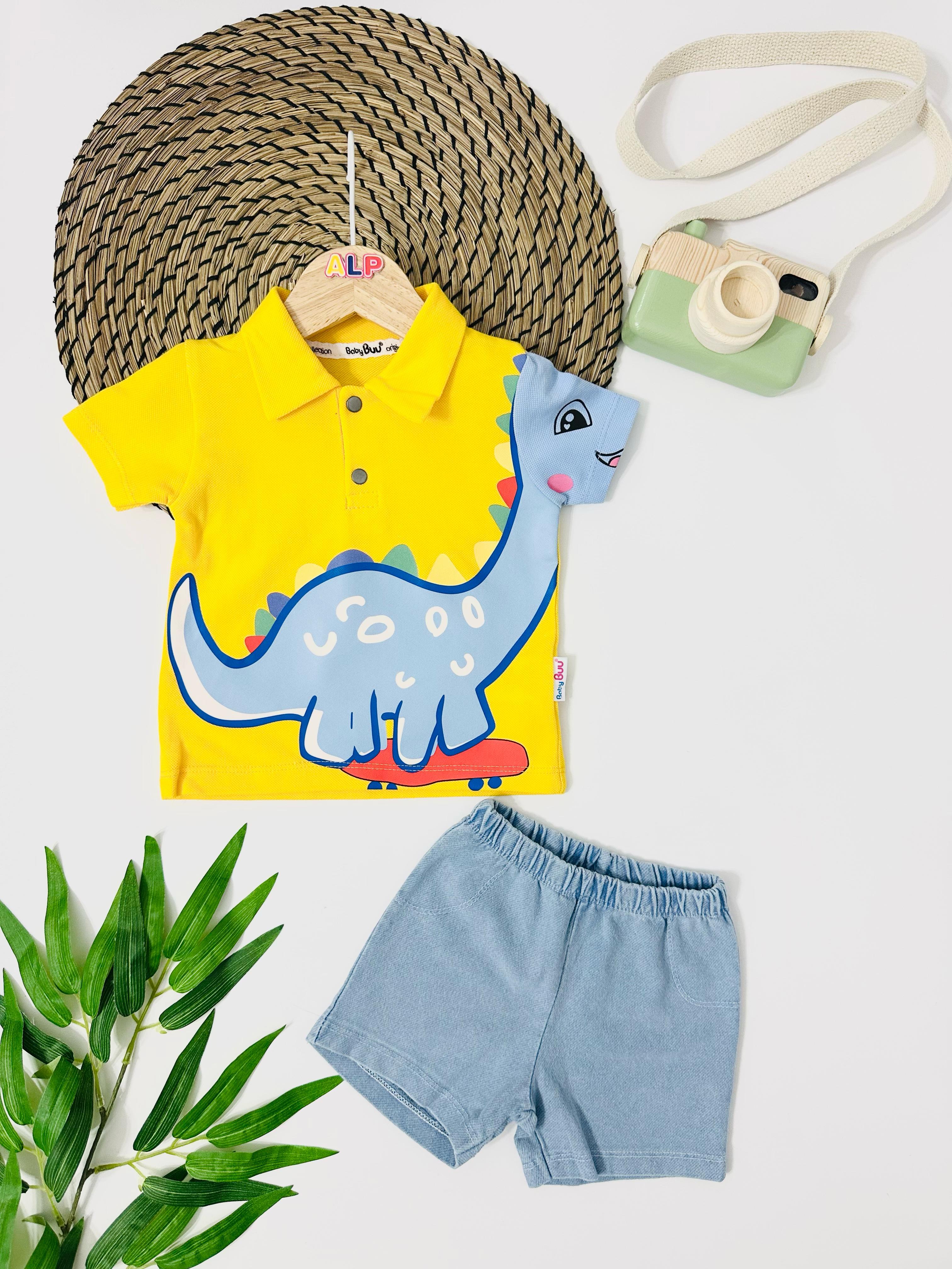 Holstein Dino Önden Çıtçıt Örme Kot Yazlık Takım - Sarı