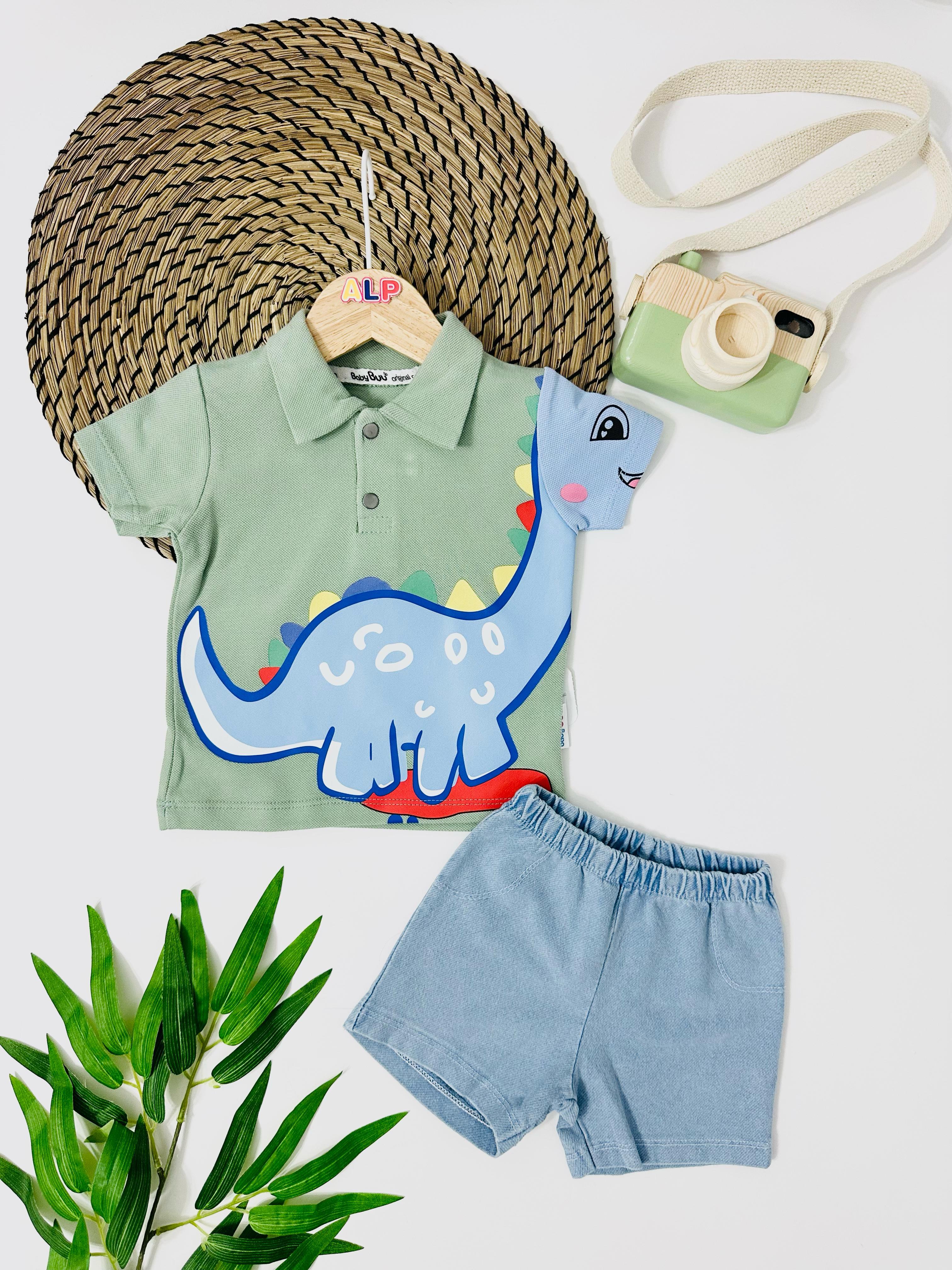 Holstein Dino Önden Çıtçıt Örme Kot Yazlık Takım - Yeşil