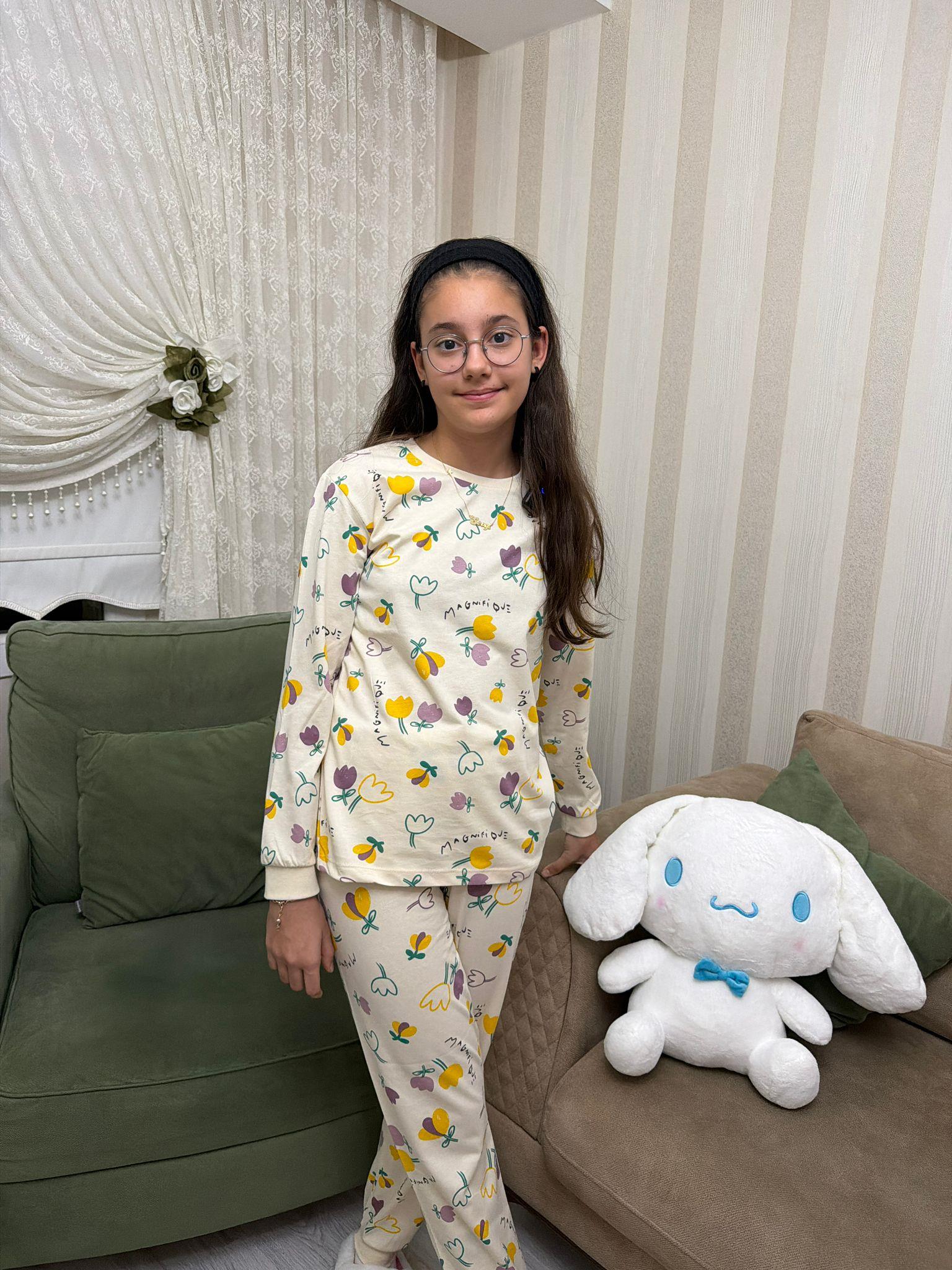 Laleler Detaylı Penye Pjama Takım
