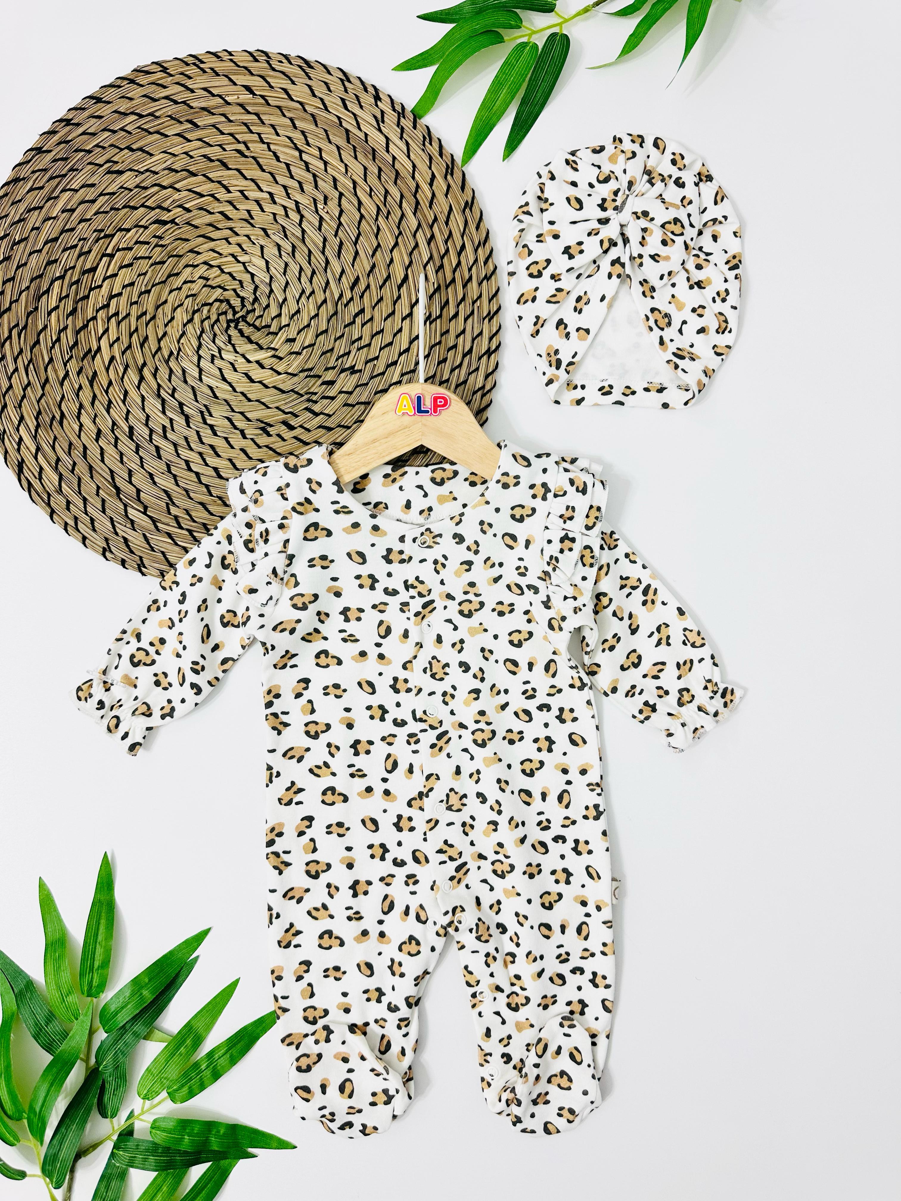 Malawi Boneli  Leopar Desen Önden Komple Çıtçıtlı Mevsimlik Tulum Set - Beyaz 