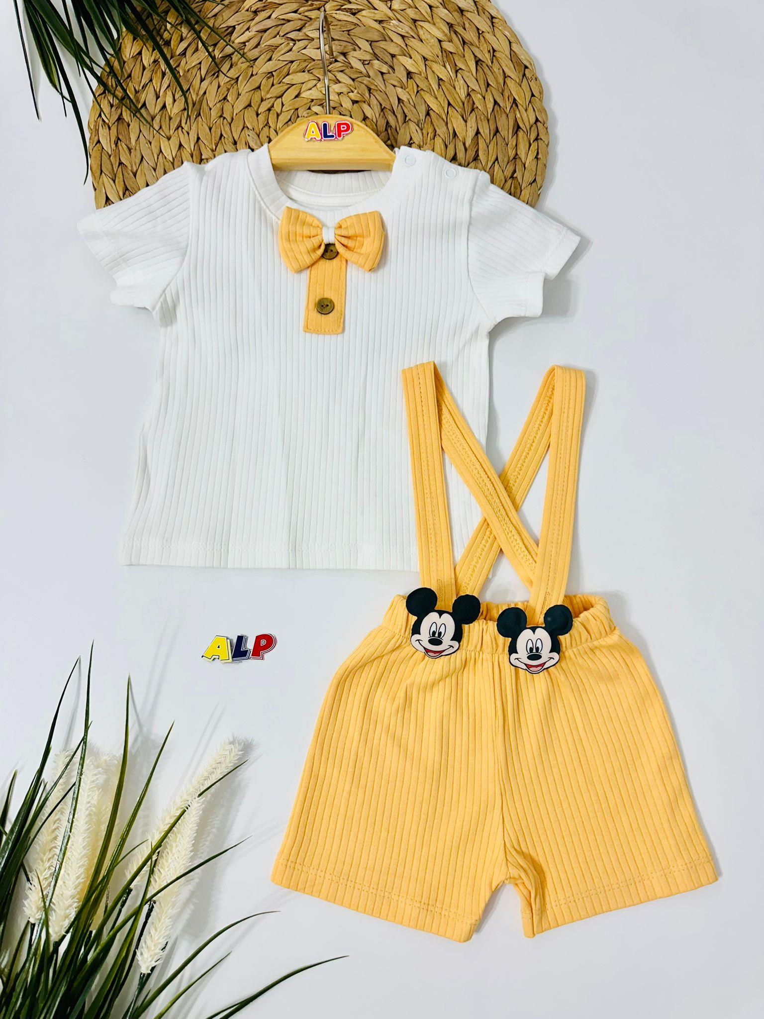 Mickey Kaşkorse Şort Salopet Bady Set -Sarı