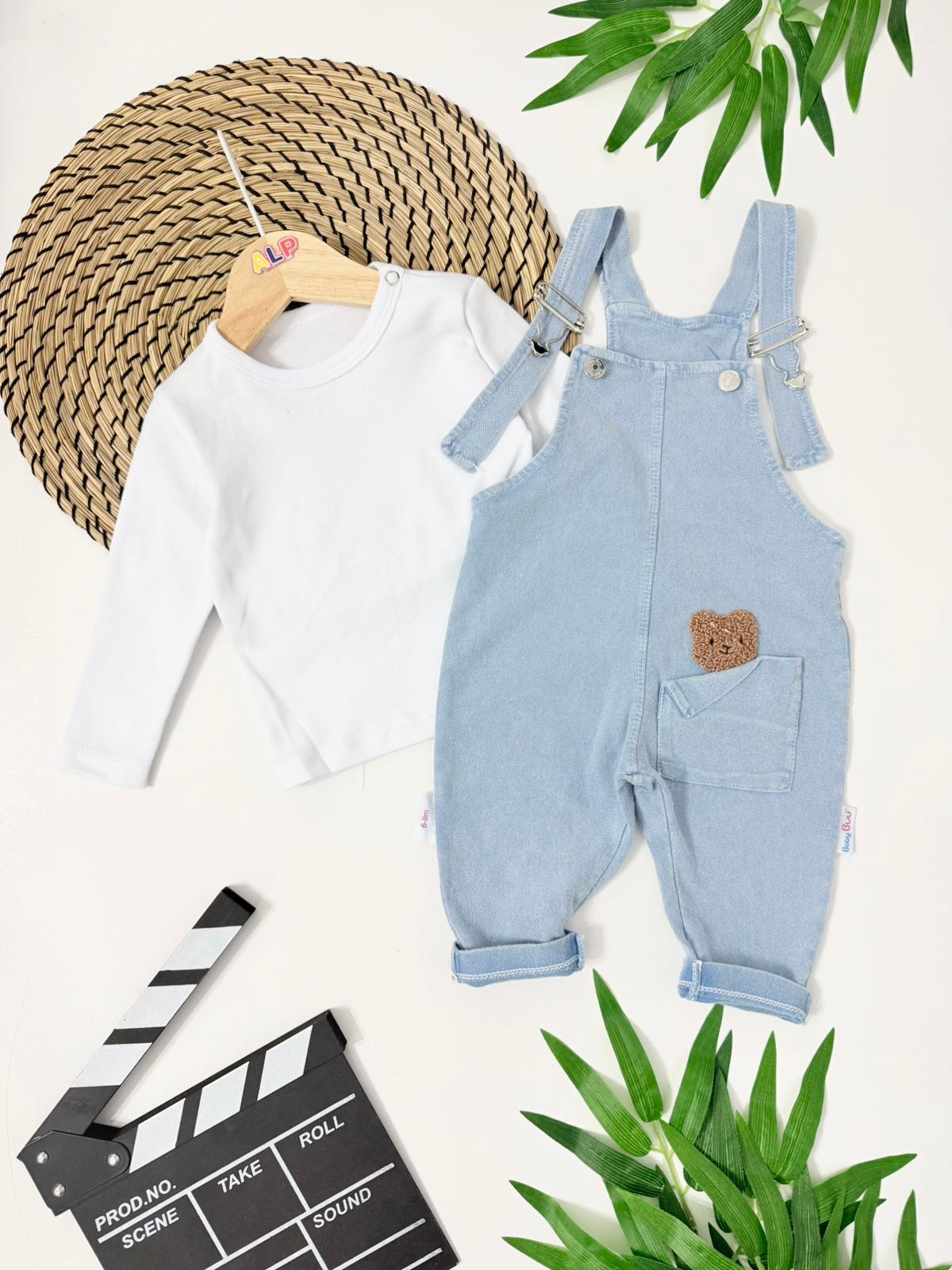 Minik cepte bear punch işlemeli mevsimlik kot kumaş 2li salopet set