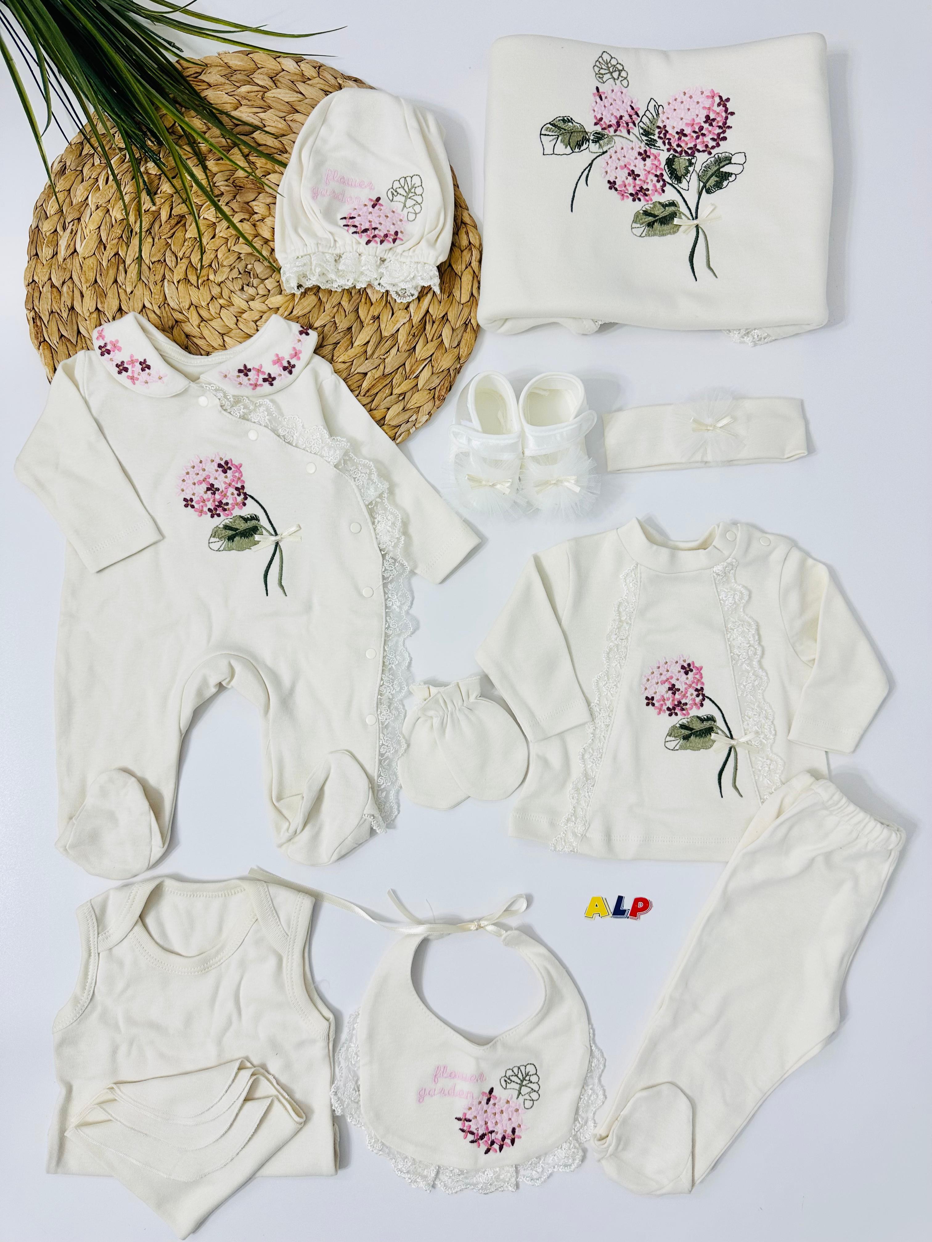 Ortanca  Çiçek Nakışlı  10 lu Hastane Çıkışı Set - Krem