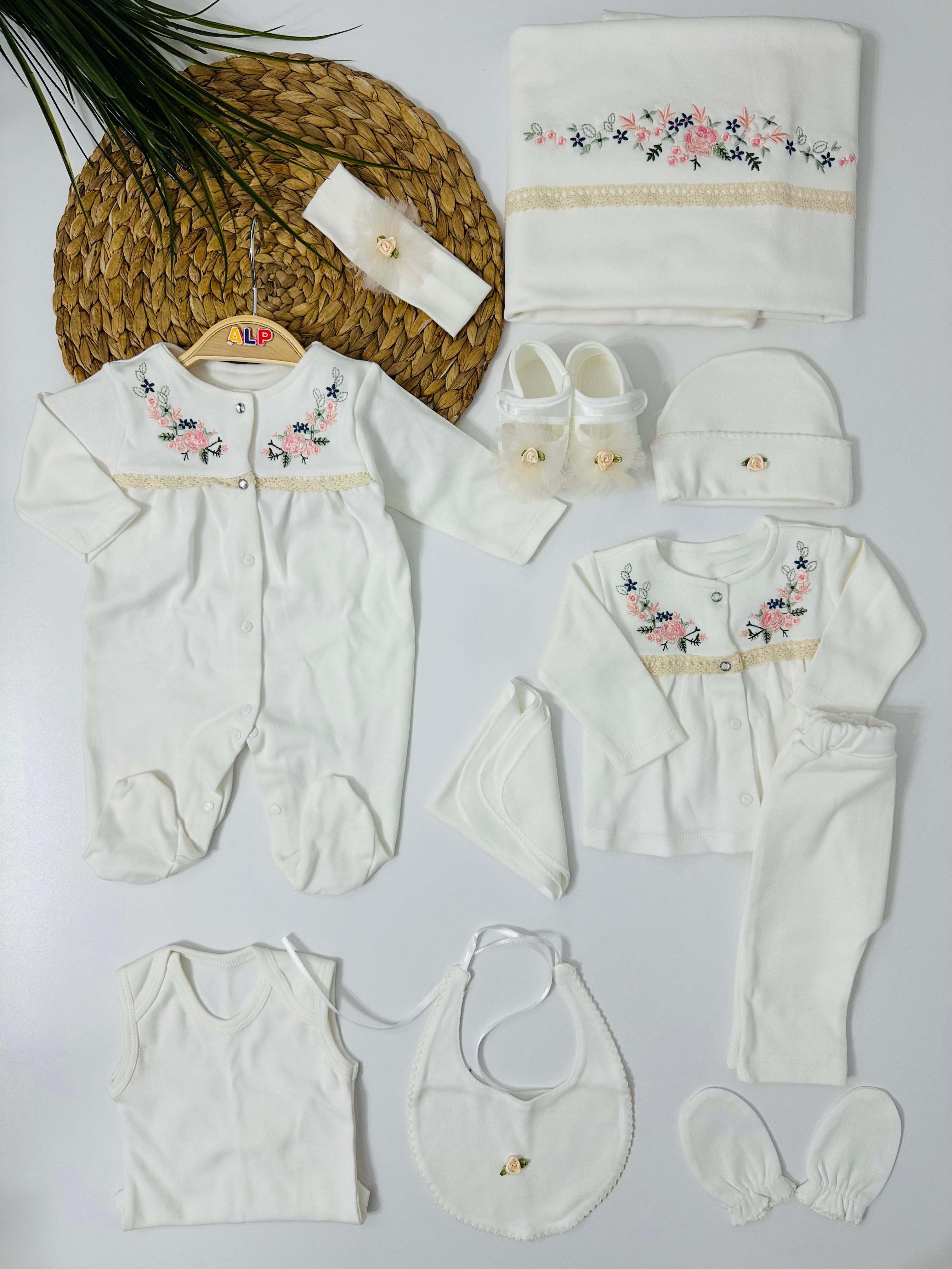 Sıra Çiçek Nakışlı  10 lu Hastane Çıkışı Set - Krem