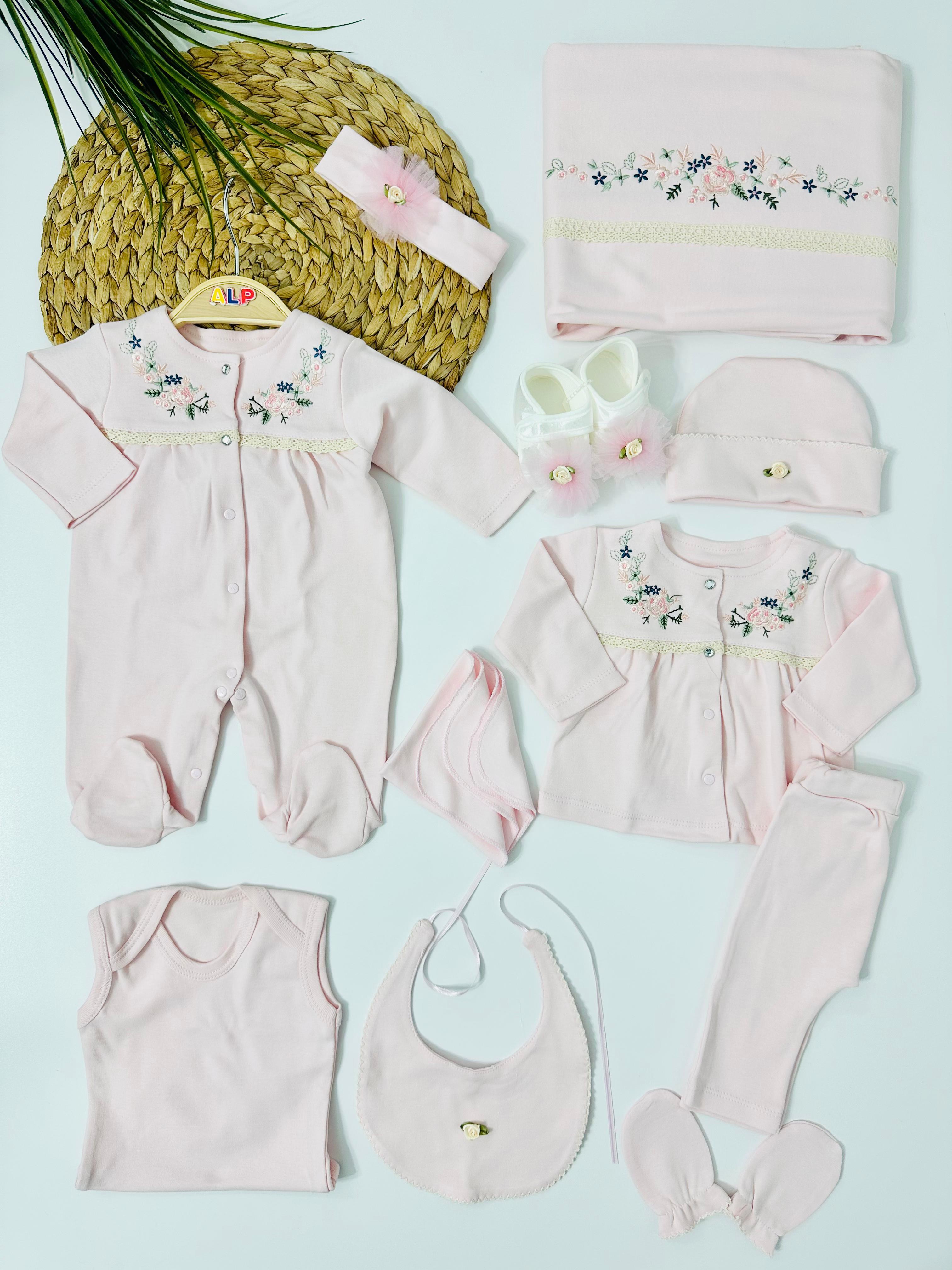 Sıra Çiçek Nakışlı  10 lu Hastane Çıkışı Set - Pembe