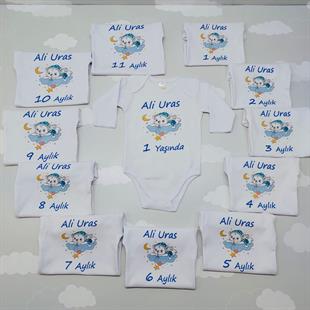  Bulut Üstünde Sevimli Ayıcık 12 Aylık Desenli Zıbın Seti-Mavi