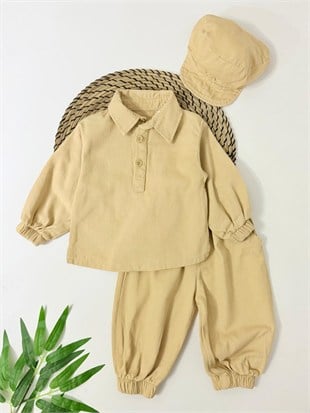 Bohemian Gabardin Şapkalı Geniş Kesim Pantolon Düğmeli Likralı Oversize Mevsimlik 3lü Erkek Bebek/Çocuk Takım