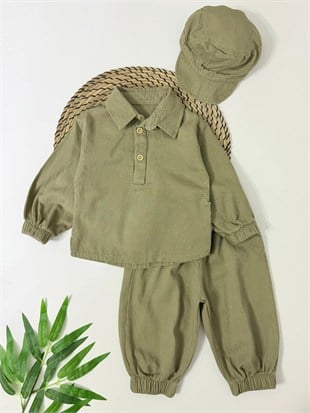 Bohemian Gabardin Şapkalı Geniş Kesim Pantolon Düğmeli Likralı Oversize Mevsimlik 3lü Erkek Bebek/Çocuk Takım