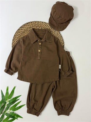 Bohemian Gabardin Şapkalı Geniş Kesim Pantolon Düğmeli Likralı Oversize Mevsimlik 3lü Erkek Bebek/Çocuk Takım