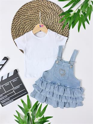 Fırfır Kat Kat Etekli Kot Jile Elbise & T-shirt Set - DENİM