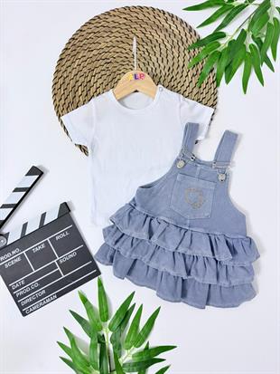 Fırfır Kat Kat Etekli Kot Jile Elbise & T-shirt Set - DENİM