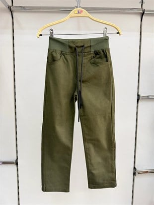 Haki Yeşil  Lüx Ribanalı Beli ve Bileği Lastikli Jogger Keten Pantolon 