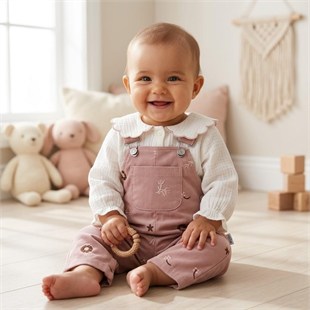 Jolly Çiçek Nakış İşlemeli Salopet / Müslin Gömlek Set