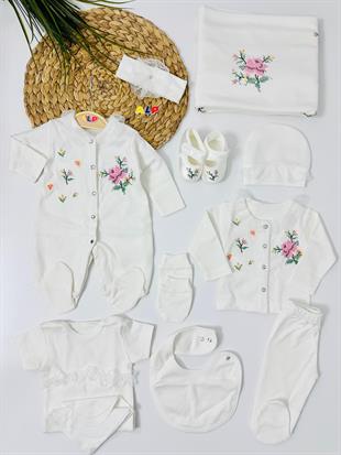 Kanaviçe Çiçek Nakışlı  10 lu Hastane Çıkışı Set - Krem
