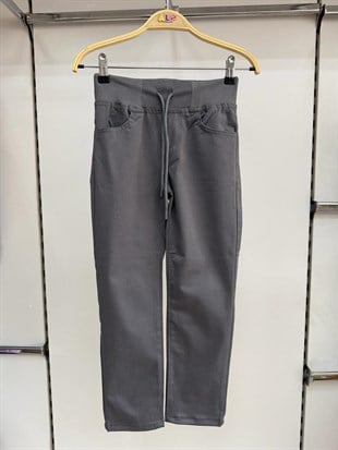 Koyu Gri  Lüx Ribanalı Beli ve Bileği Lastikli Jogger Keten Pantolon