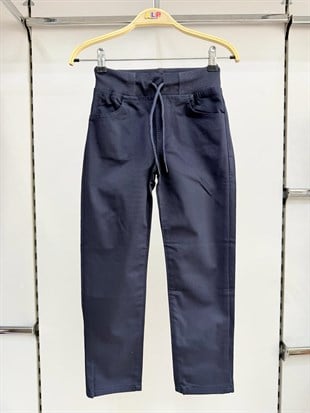 Lacivert Lüx Ribanalı Beli ve Bileği Lastikli Jogger Keten Pantolon