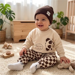 Panda Baskılı Damalı Çorap Ve Bereli 4'Lü Takım
