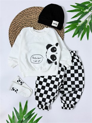 Panda Baskılı Damalı Çorap Ve Bereli 4'Lü Takım