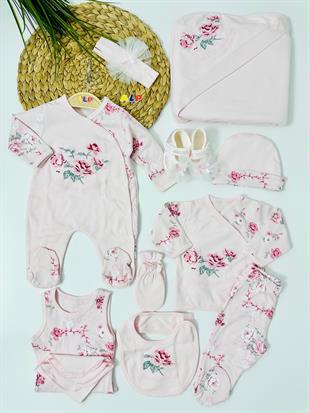 Rose   Çiçek Nakışlı  10 lu Hastane Çıkışı Set - Pembe