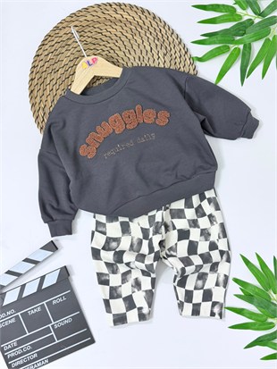 Snuggless Panç Nakışlı Damalı Oversize Eşofman Takımı 