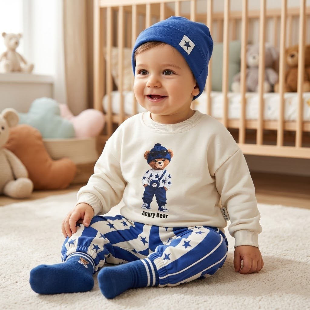 Angry Bear Baskılı Alt-Üst Takım ,Şapka & Çorap 4'lü Set