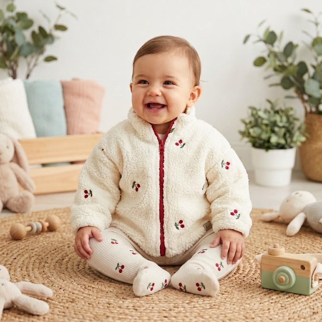 Aria Kiraz İşlemeli Peluş Ceket - Krem