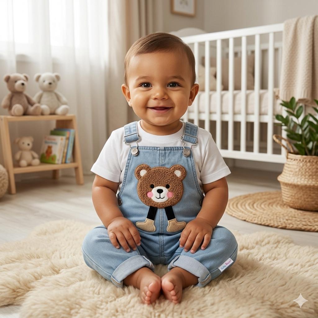 Ayıcık Kot Salopet & T-shirt Set - DENİM