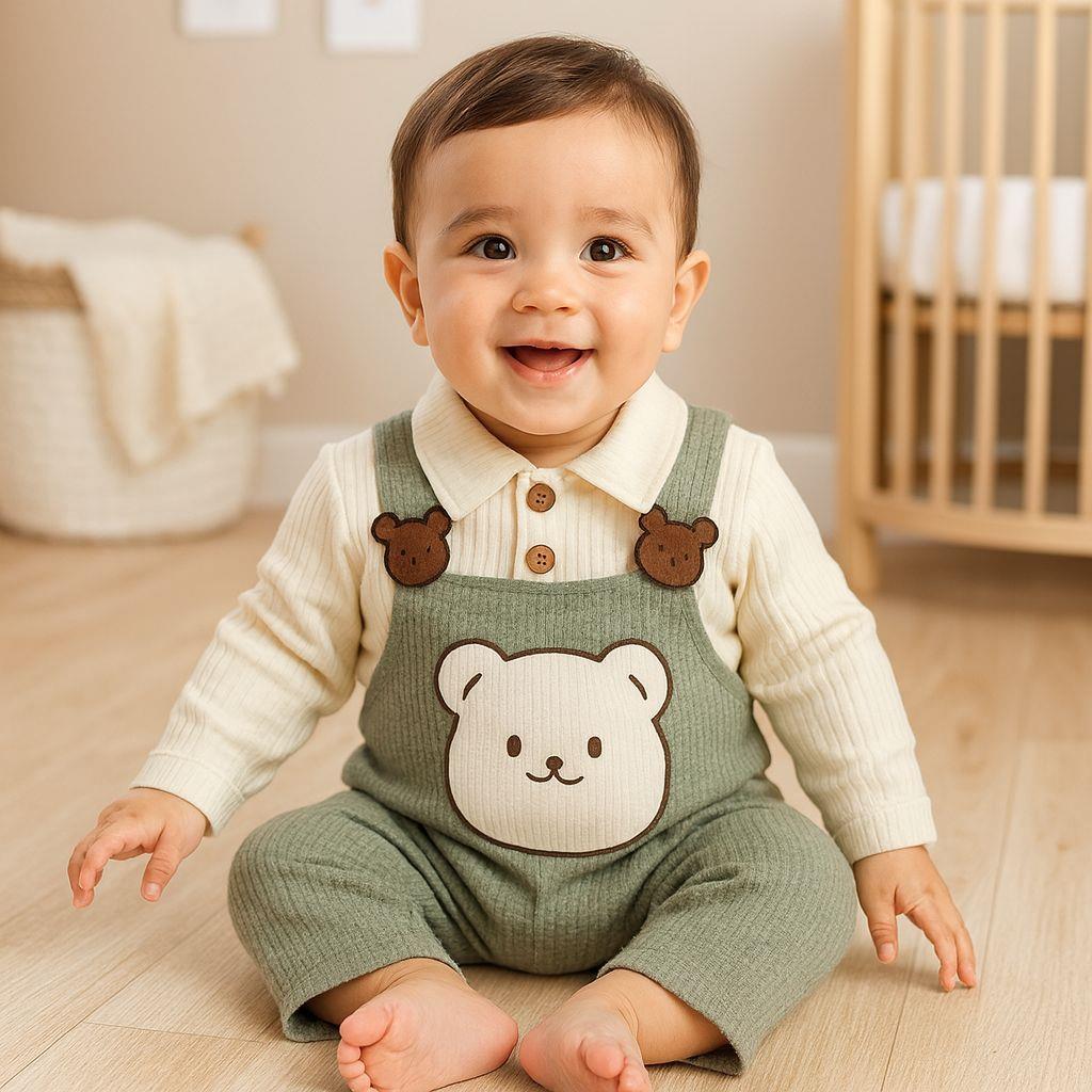 Bear Erkek Bebek Waffle Kumaş Salopet Takım