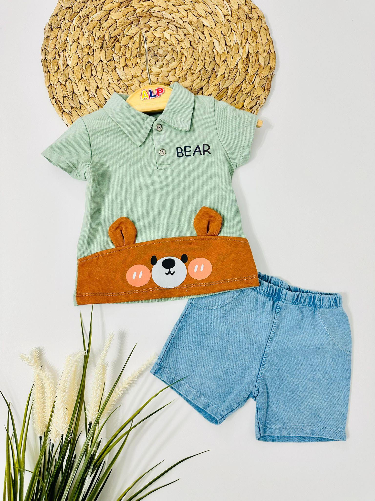 Bear Kırmızı Yanaklı Thısort ve Örme Kot Şortlu 2li Takım - Yeşil