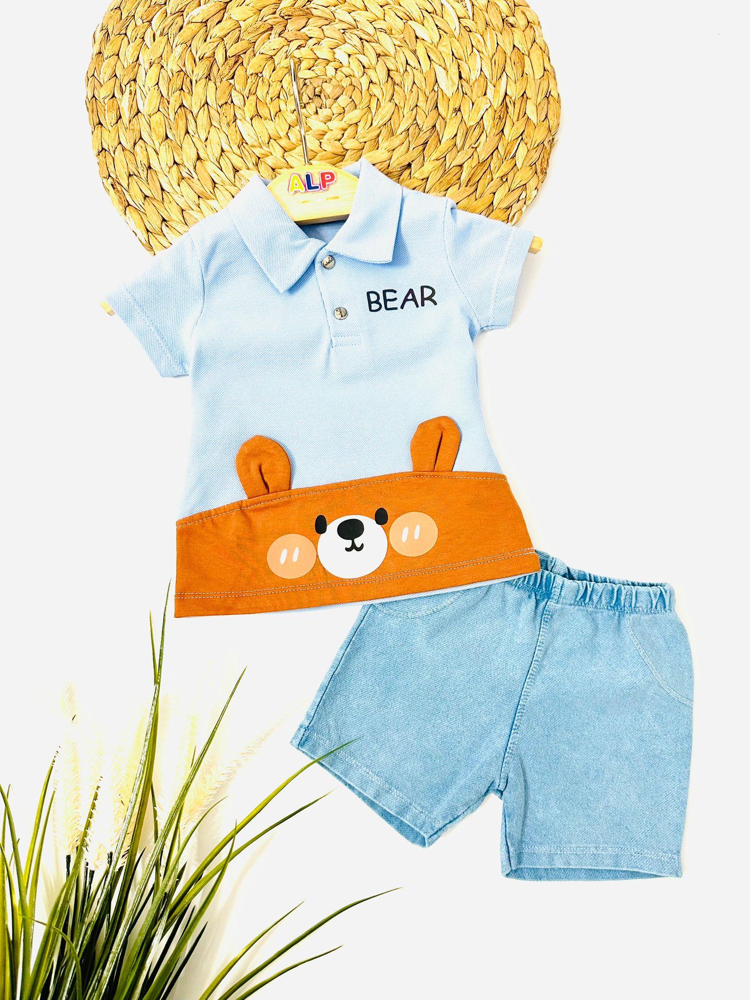 Bear Kırmızı Yanaklı Thısort ve Örme Kot Şortlu 2li Takım - Mavi