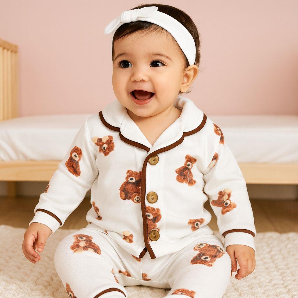 Bear   Önden Düğmeli Mevsimlik 2 Parça Pjama Takımı -Krem