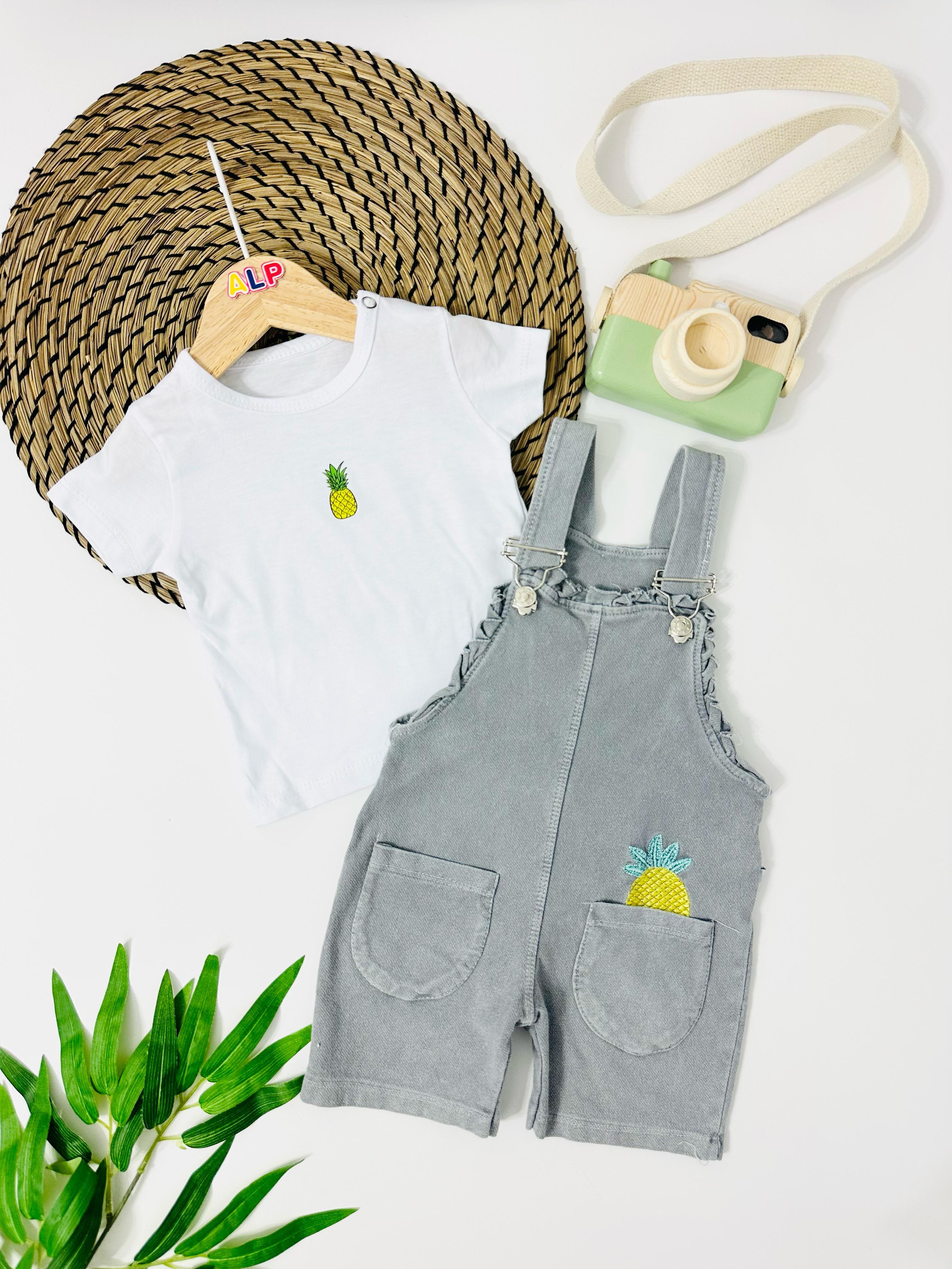 Berlin Ananas Detaylı Torba Cepli Örme Kot Salopet Takım - Gri