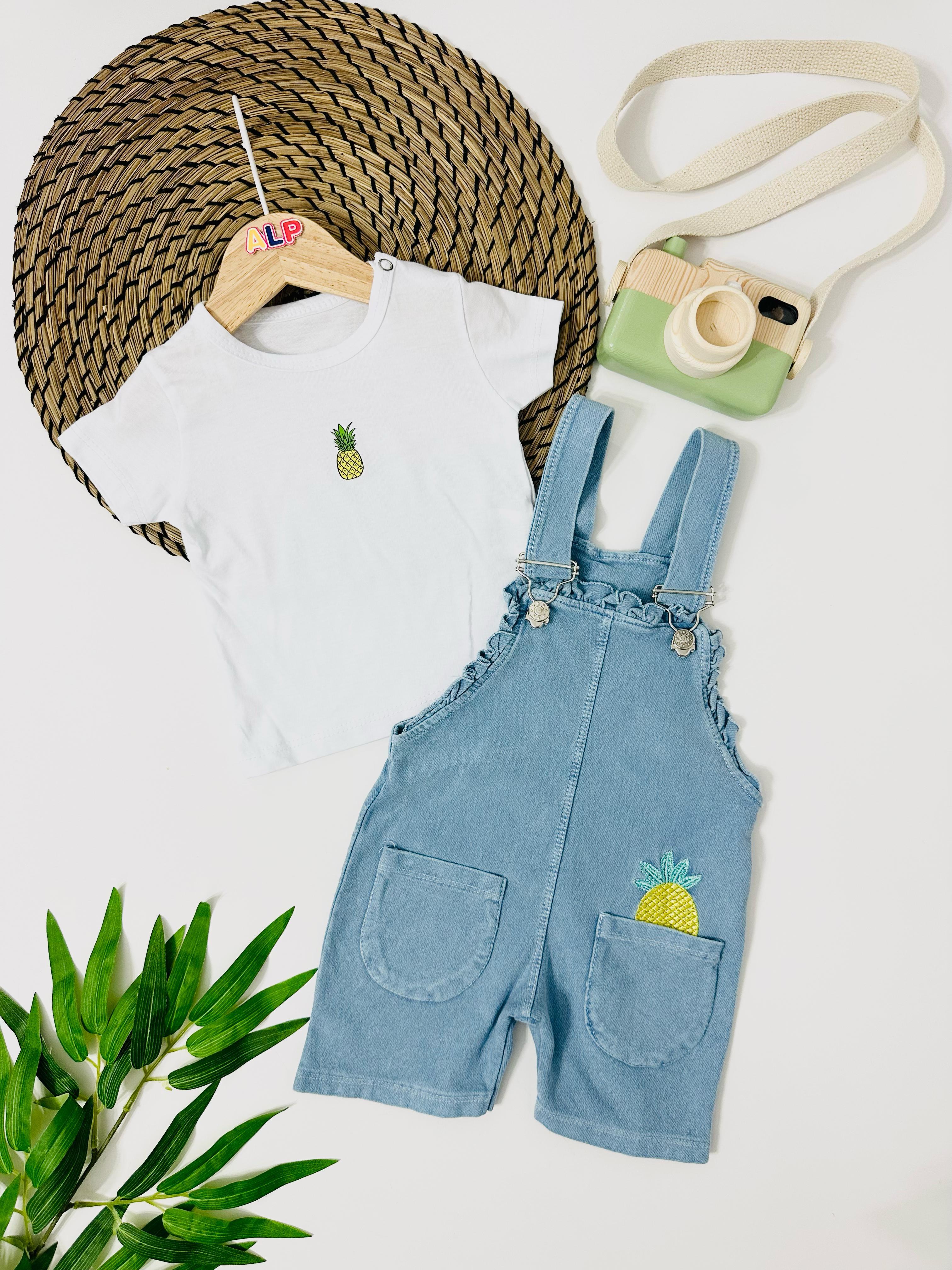 Berlin Ananas Detaylı Torba Cepli Örme Kot Salopet Takım - Mavi