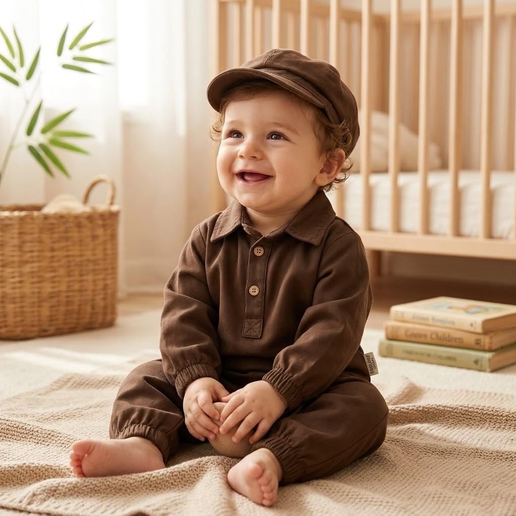 Bohemian Gabardin Şapkalı Geniş Kesim Pantolon Düğmeli Likralı Oversize Mevsimlik 3lü Erkek Bebek/Çocuk Takım