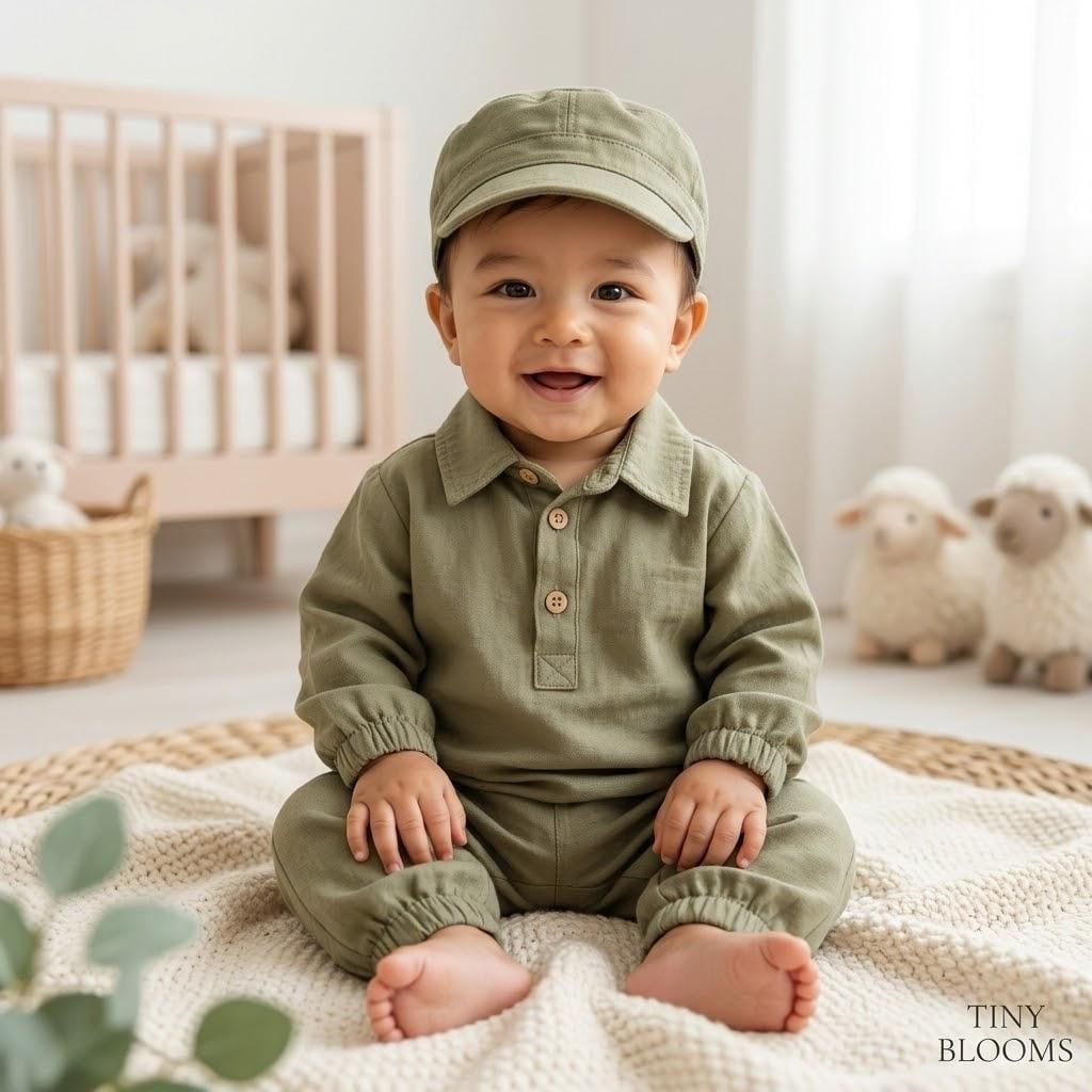 Bohemian Gabardin Şapkalı Geniş Kesim Pantolon Düğmeli Likralı Oversize Mevsimlik 3lü Erkek Bebek/Çocuk Takım