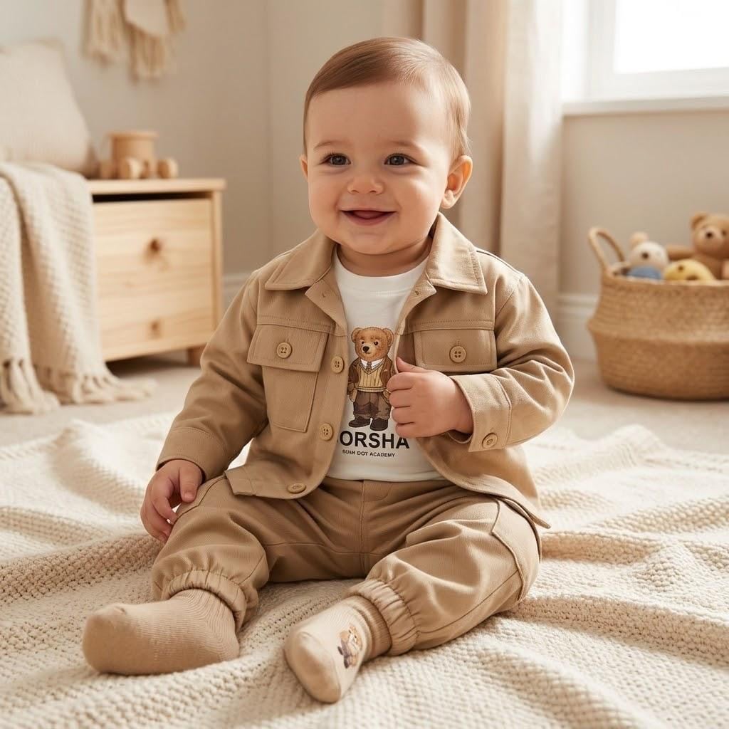 Brusha Gabardin Ceket Ayıcık Baskılı Body Pantolon & Çorap Set