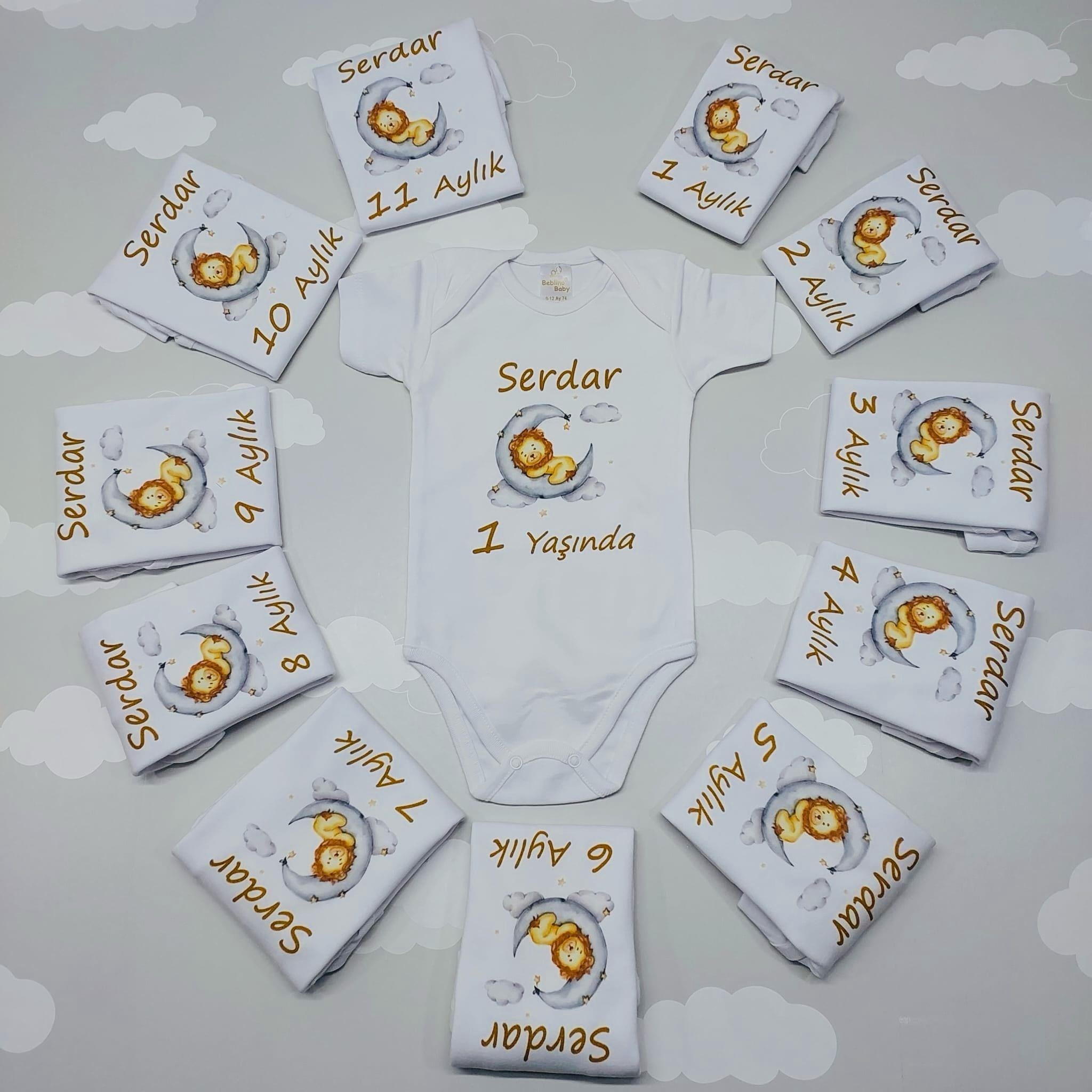 Bulutda Uyuyan Sevimli Aslan 12 Aylık Desenli Zıbın Seti-Sarı