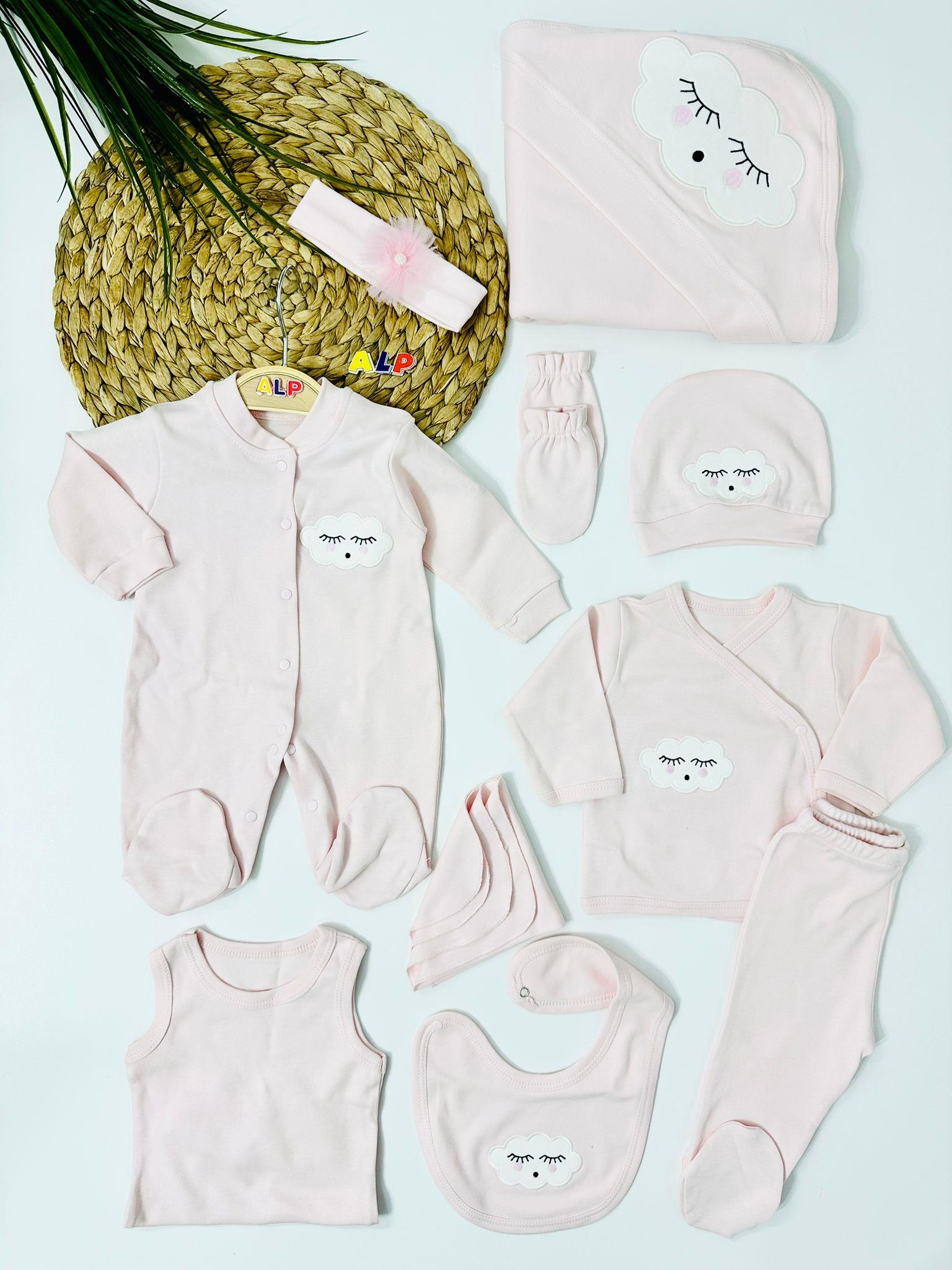 Bulutlar aprike işlemeli Nakışlı  10 lu Hastane Çıkışı Set - Pembe