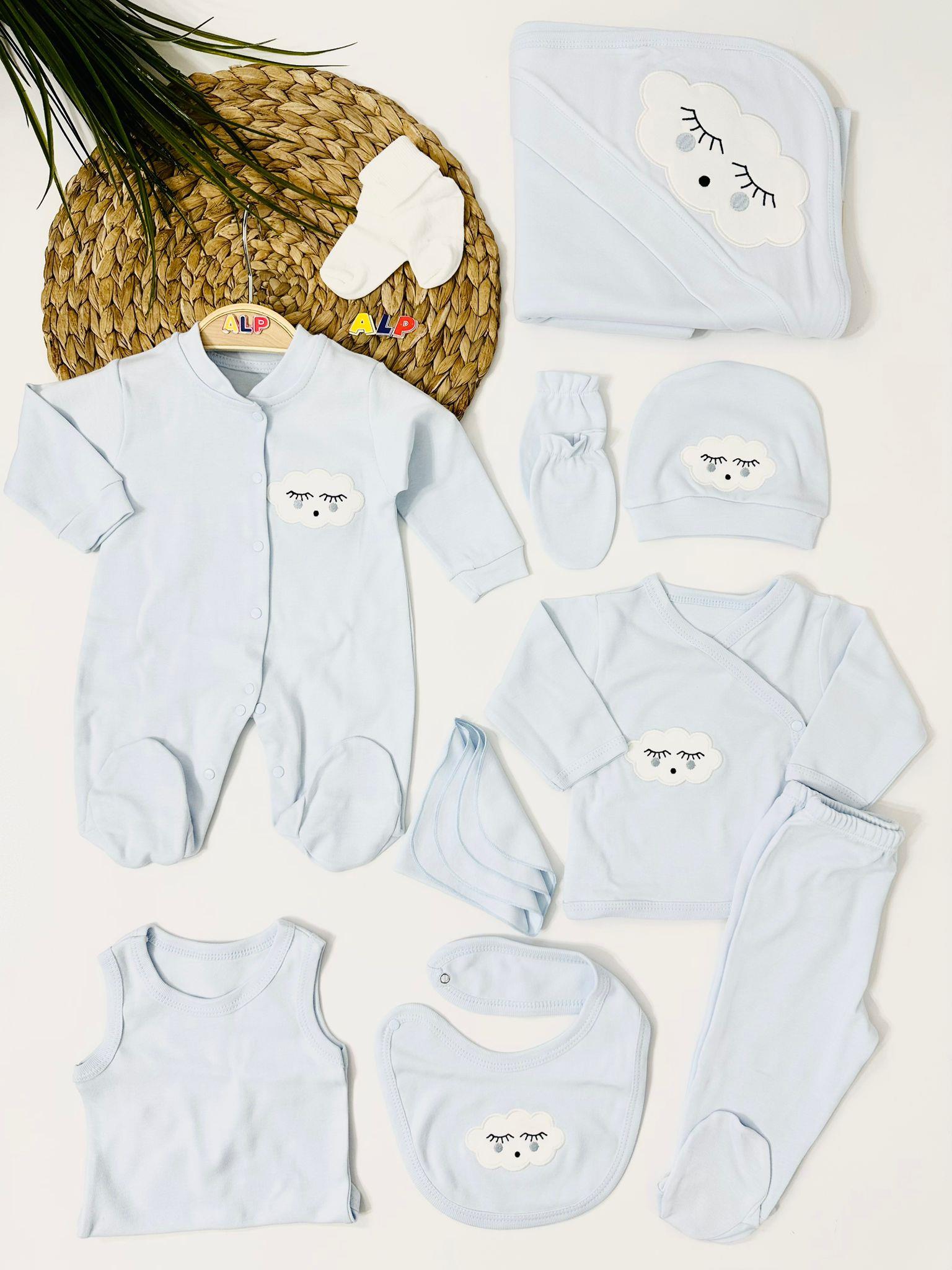 Bulutlar aprike işlemeli Nakışlı  10 lu Hastane Çıkışı Set - Mavi