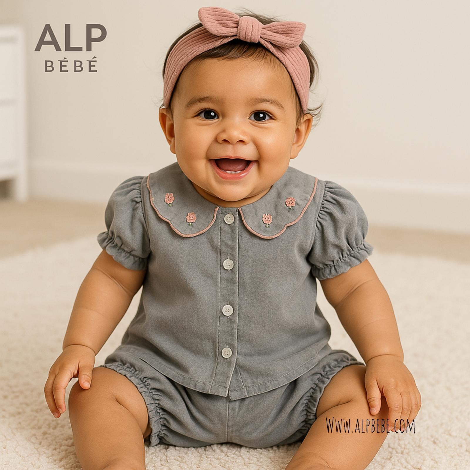 California Renkli Çiçekler Nakışlı Önden Çıtçıt  Örme Kot Yazlık  Takım - Gri