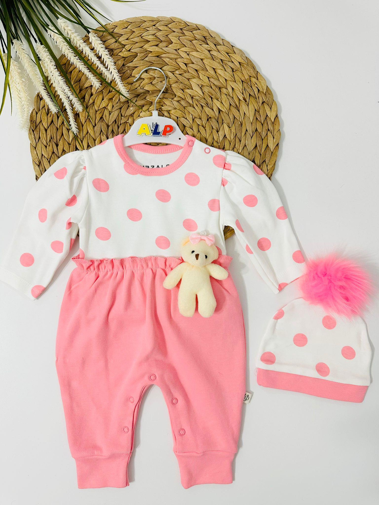 Çıkarılabilir Mobil Ayıcıklı Tulum ve Şapka-Pembe