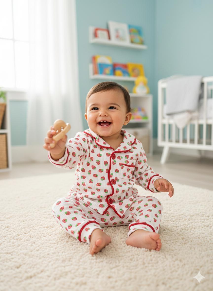 Çilek  Önden Düğmeli Mevsimlik 2 Parça Pjama Takımı