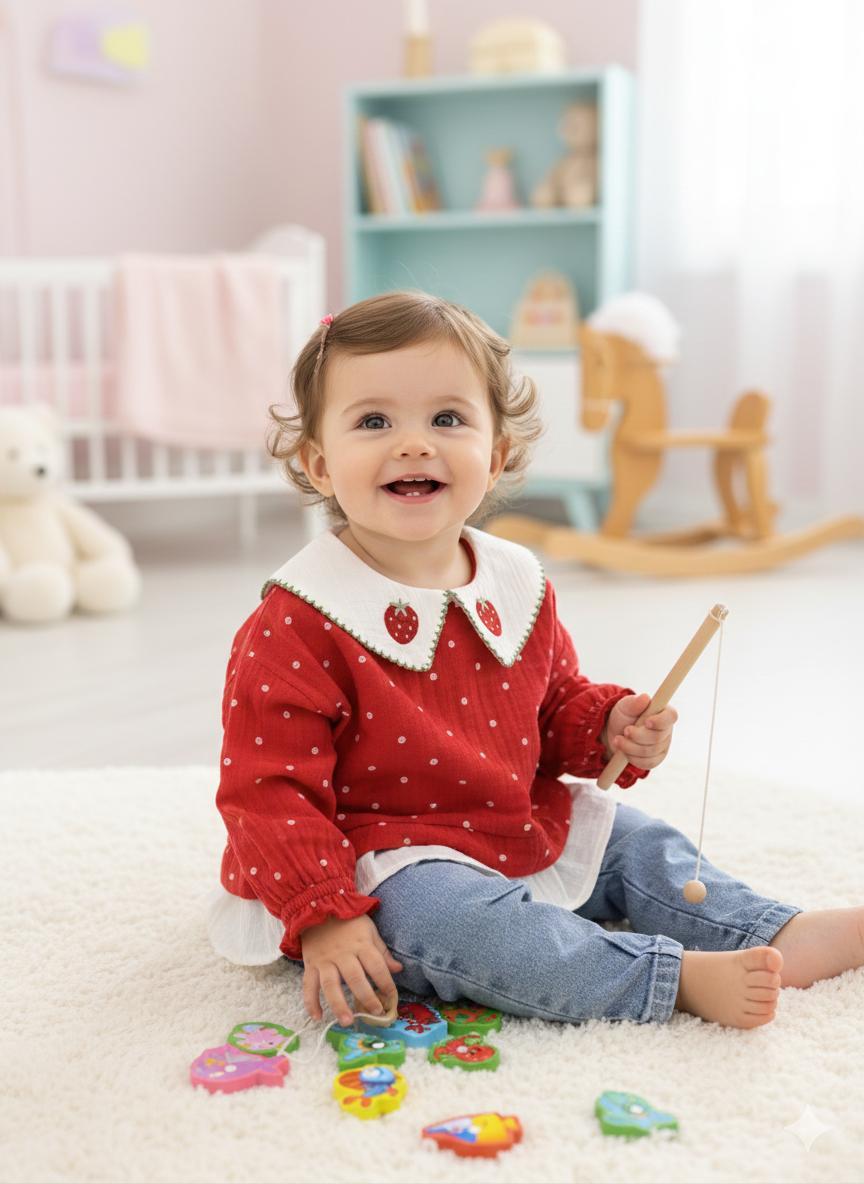 Çilek Yakalı Müslin Gömlekli Kot Pantolonlu 2'Li Takım