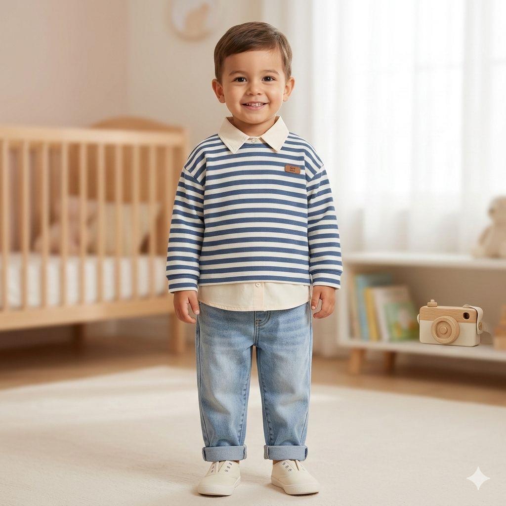 Çizgili Trikolu Gömlekli Kot Pantolonlu Erkek Bebek 3lü Takım