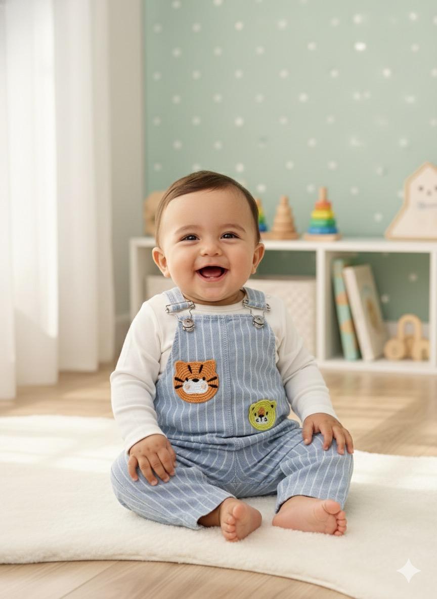 Dikey çizgili sevimli hayvan nakışlı mevsimlik 2li salopet set